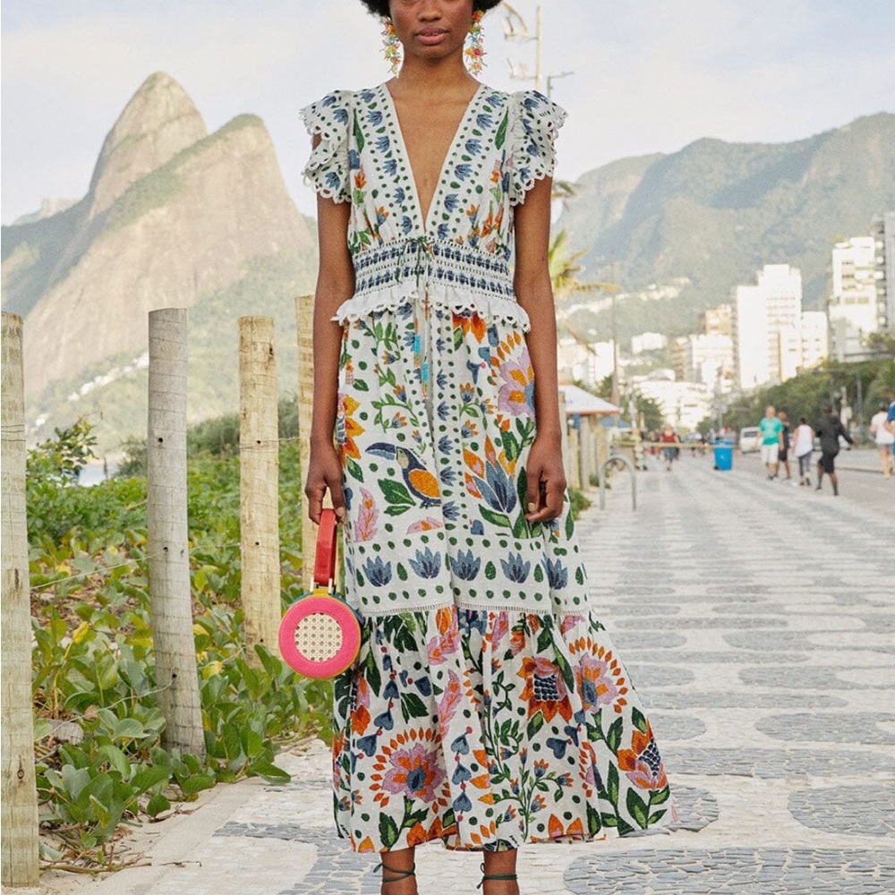 Farm Rio White Summer Garden Maxi Dress